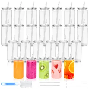 25pcs 16oz Can-Shaped Clear Water Cups, Portable Design with Lids, Straws, Cup Brushes & Straw Brushes, Perfect for Birthday Party Gifts, Coworker Gatherings, Valentine's Day Gifts, Ideal for Friends, Colleagues & Lovers
