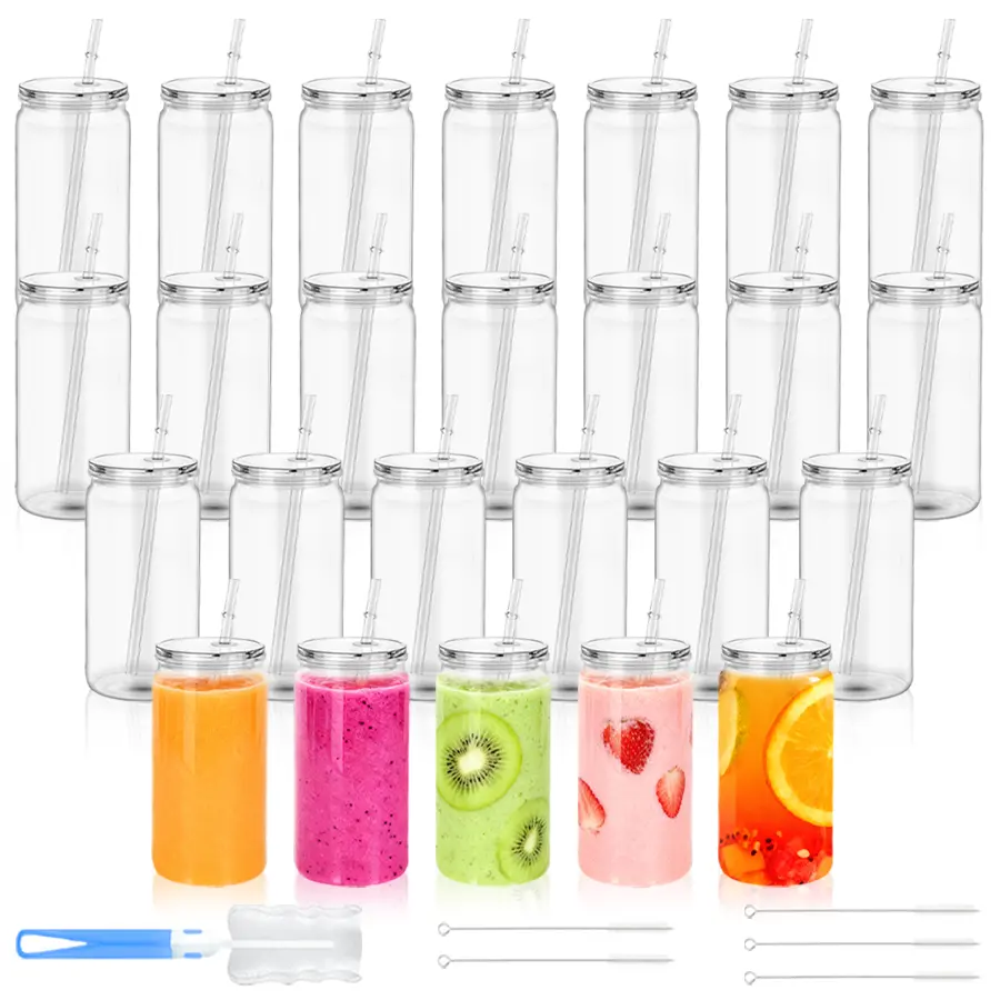 HILAKE 25pcs 16oz Can-Shaped Clear Water Cups, Portable Design with Lids, Straws, Cup Brushes & Straw Brushes, Perfect for Birthday Party Gifts, Coworker Gatherings, Valentine's Day Gifts, Ideal for Friends, Colleagues & Lovers