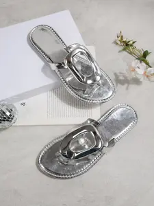 Metal Hollow Out Square Buckle Sandals, Gold Silver, Casual Comfortable Flip Flops, Soft Sole, All Seasons Wear