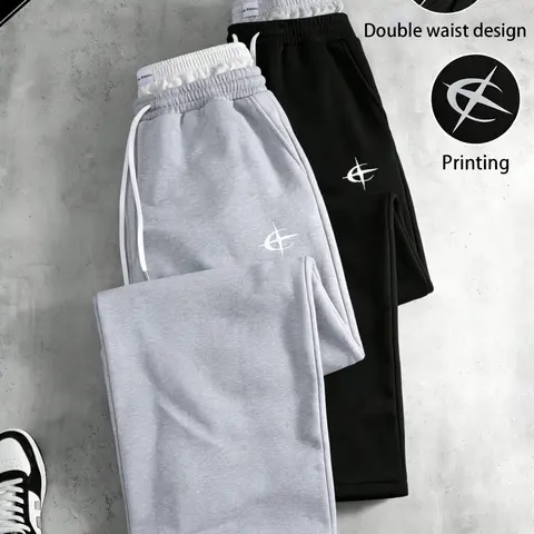 Men's Wide Loose Fit Cotton Track Pants (S/M Sizes) - Retro 2000s Vintage Street Style Unisex Double-Waist Workout Joggers with Star Print Faux 2-Piece Contrasting Waistband (1/2/3-Piece Packs)