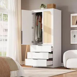 【Christmas Gift】Armoire Wardrobe Closet with 3 Drawers and 2 Doors  Modern Tall Wooden Wardrobe Cabinet for Hanging Clothes  Bedroom Storage Organizer  White