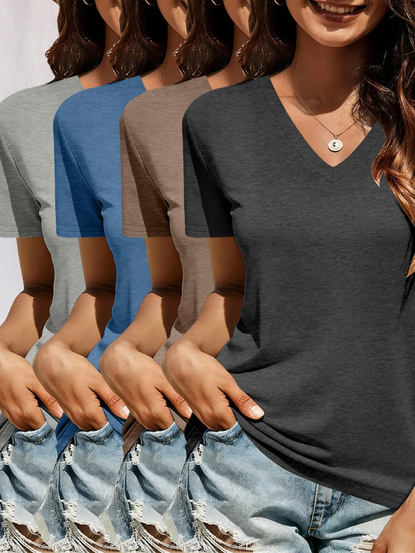 Women's V-Neck Short Sleeve Basic T-Shirt 4-Piece Set, Casual Everyday Wear Fitted Top, Solid Color, All Seasons, Summer, Plain Surface, Unlined