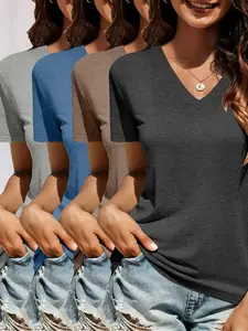 Women's V-Neck Short Sleeve Basic T-Shirt 4-Piece Set, Casual Fitted Top, Solid Color, All Seasons, Plain Surface, Unlined