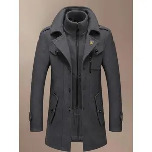 Men's Fashion Double Collar Mixed Fiber Long Coat, Zipper and Pocket Design, Warm and Durable, Suitable for Business or Casual Autumn/Winter, Casual Jacket Coat