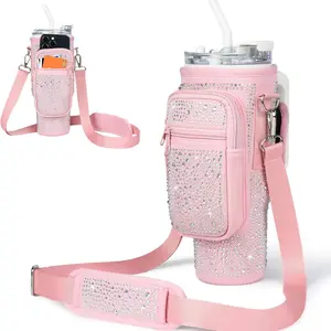 Bling Water Bottle Holder with Adjustable Strap & Straw Cover for Stanley Cup 40 oz Tumbler Neoprene Material Rhinestones Phone Pocket Carabiner Stanley Cup Accessories Hands-Free Gym Essentials