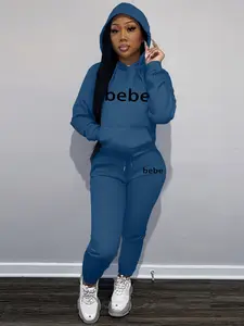 Women's Letter Print Casual Everyday Loose Sweatshirt Set, Round Neck Long Sleeve Pullover + Drawstring Pants, Comfortable Daily Wear Fitted Hoodie