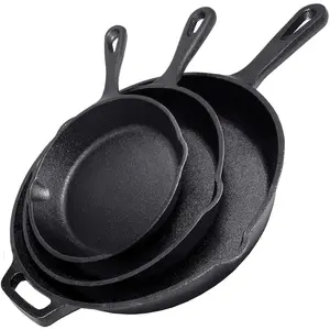 Cast Iron Skillet 3-Piece Set, 6", 8", 10" Frying Pans, Heavy-Duty Pre-Seasoned Pan Cookware Set, For Frying, Saute, Cooking, Pizza & More, Black