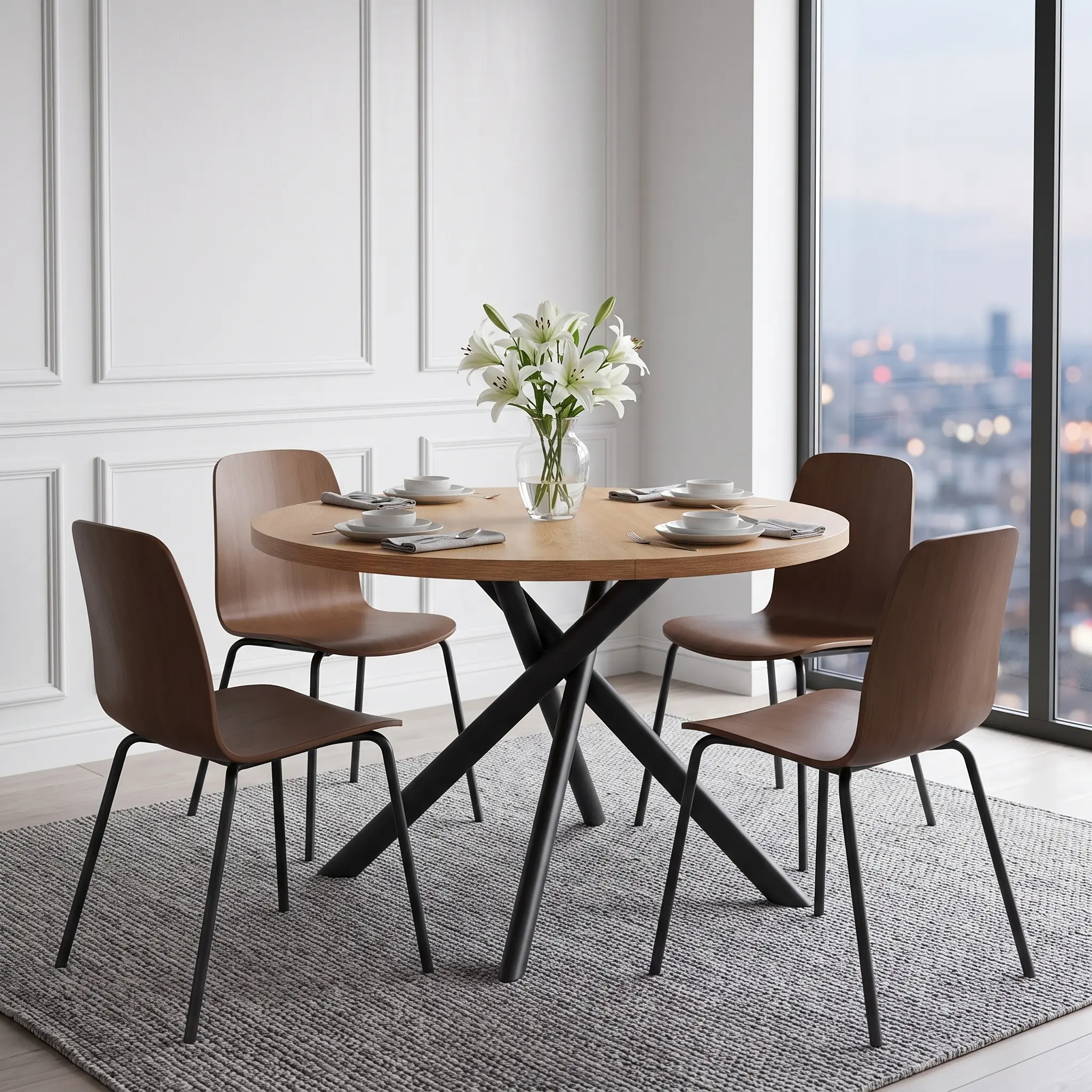 Modern Round Wood Dining Table - Natural Wood Grain Tabletop with Minimal Two-Tone Design, Stable Crossed 3-Leg Base, Spacious Legroom & Space-Saving Kitchen Dining Room Furniture for Apartments and Small Spaces