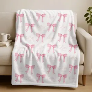 Personalized Pink Bow Blanket,Custom Baby Shower Gift,Cozy Baby Name Blanket,Coquette Aesthetic,Soft Nursery Swaddle,Newborn Baby Girl Throw I