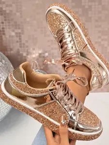 Rose Gold Sequin Sports Shoes, Soft Sole Comfortable, Casual Board Sneakers for Women, All Seasons, Versatile and Fashionable