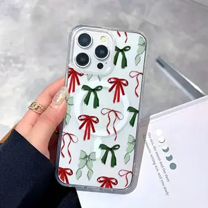 Trendy Patchwork Bow Pattern Magnetic Wireless Charging Soft TPU Shockproof Phone Case For iPhone X To 17 Pro Max Cute Gift For Friends Family And Yourself