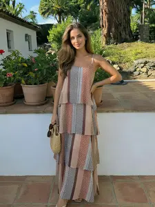 Elegant Women's Vintage Print Long Sleeveless Dress, Summer New Beach Vacation Style, Ruffle Cake Skirt, 2026 Fashion