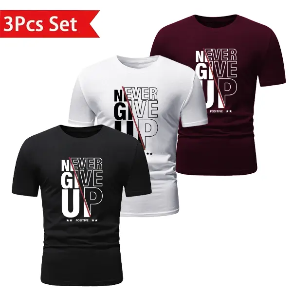 Men's Quick-drying Breathable Moisture-wicking "Never Give Up" Graphic T-shirt 3-Piece Set Eye-catching Inspirational Design Black and White Crew Neck Perfect for Summer Casual Wear or as a Gift Motivational Apparel Sweat-proof