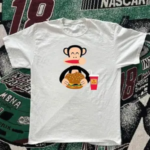 White And Red Monkey Eating Burger Baby Tee – Y2K Retro Aesthetic Tee
