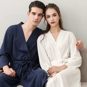 Spring and Summer Bathrobe for Women, Thin Waffle Couple's Robe, Men's and Women's Summer Three-Quarter Sleeve Korean Style Bathrobe, Absorbent Womenswear Gowns Loungewear Nightwear Basic Hfg Linen Color [Female] Minimalist