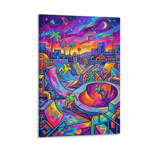 Colorful Neon Pop Art Skate Park Canvas Print, Skaters & Cityscape Design, Vibrant Wall Decor for Living Room Bedroom Office, Printed Artwork