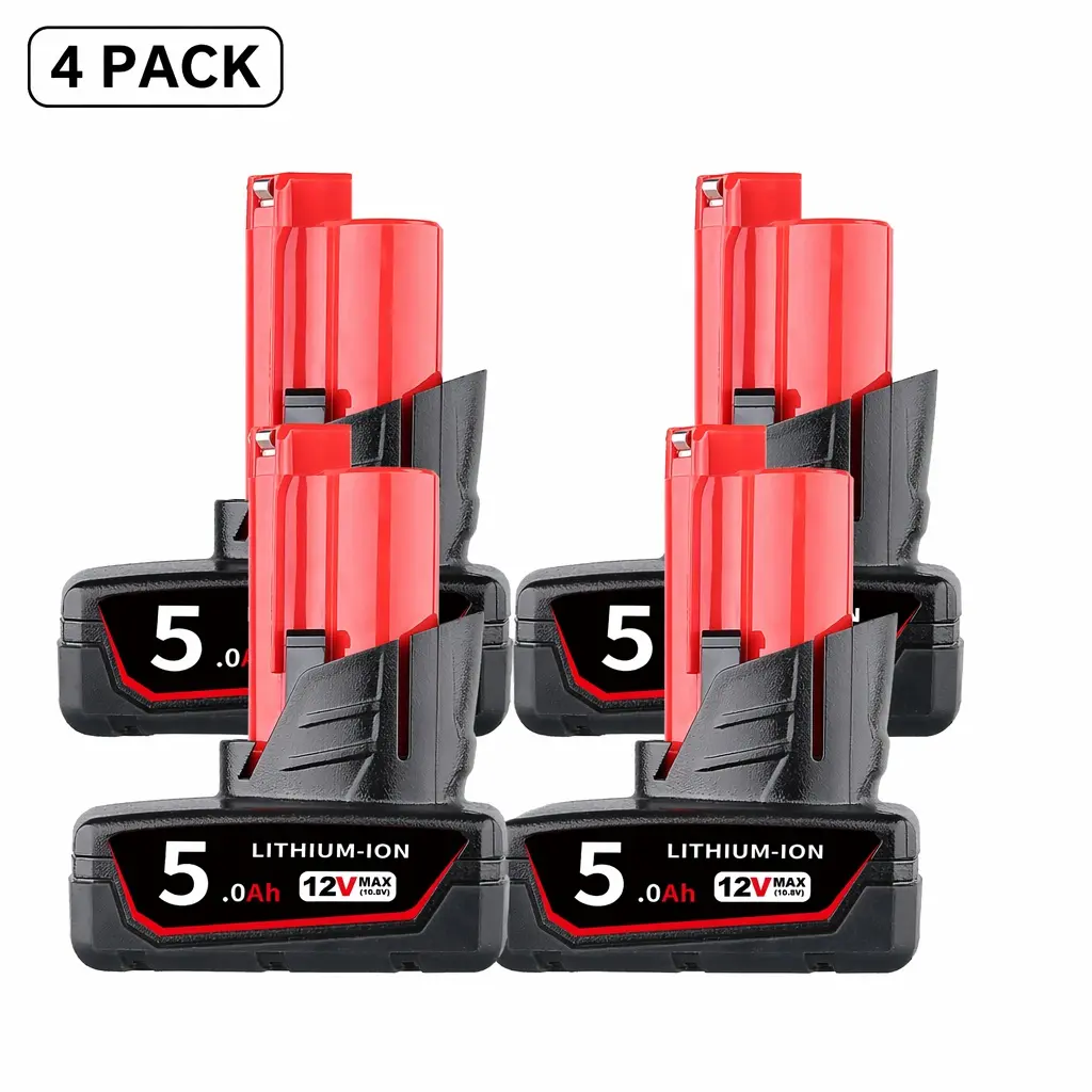 4-Pack 12V MAX 5.0Ah Lithium-Ion Replacement Batteries - M12 Compatible, Overheat Safe, Rechargeable for Milwaukee Cordless Power Tools & Home Repair