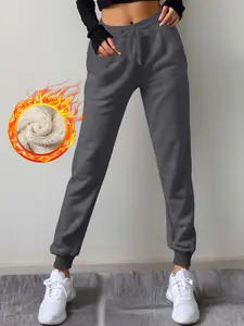 Women's Thermal Pants with Drawstring Waist, Fitted Straight Leg Long Pants for Fall & Winter, Casual Lamb Fur Lined Warm Trousers