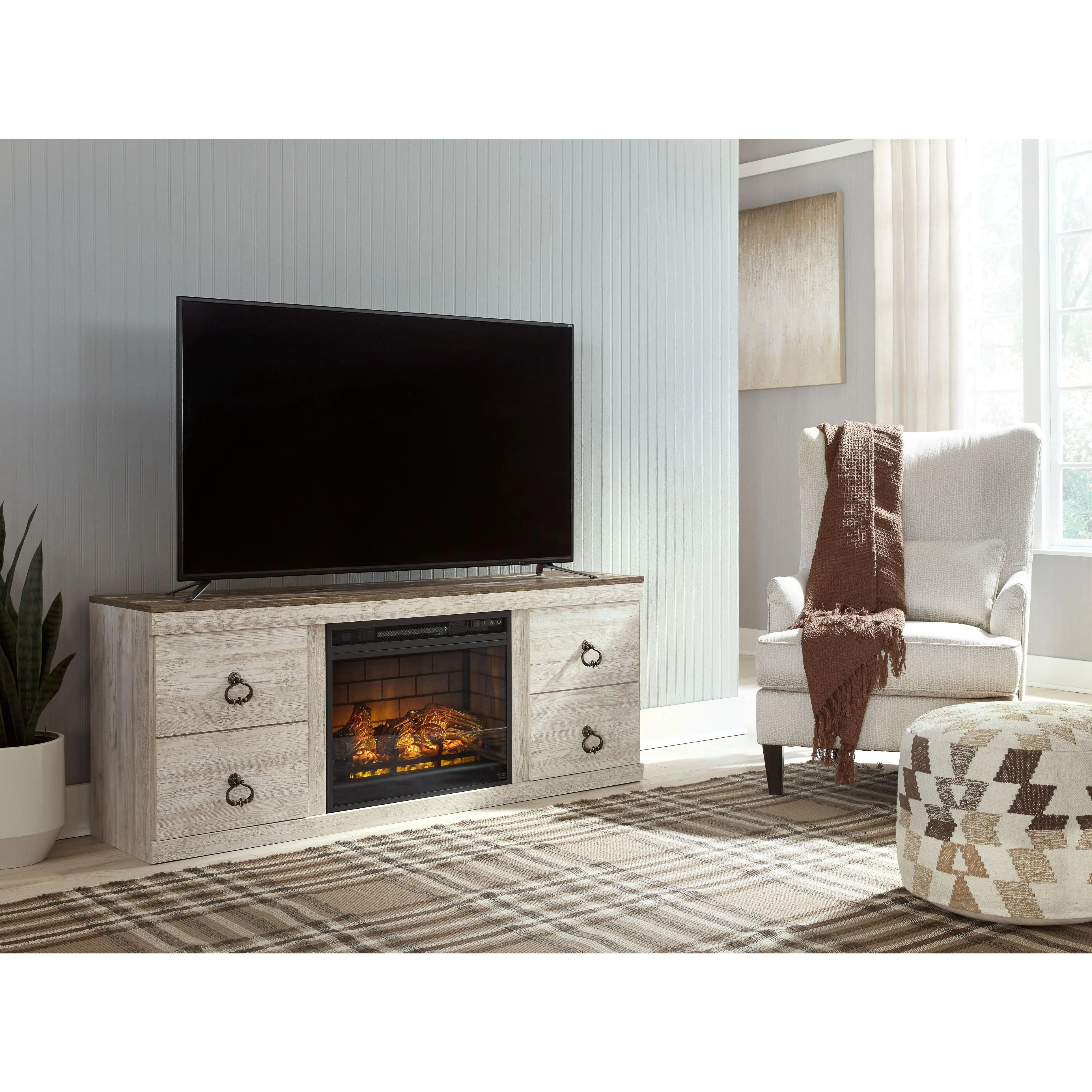 Willowton - 2 Pc. - TV Stand with Faux Firebrick Fireplace Insert - Whitewash