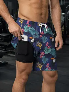 Men's 2 in 1 Workout Gym Shorts, Tropical Toucan Hawaiian Print Quick Dry Athletic Running Shorts with Built-In Compression Liner, Secure Phone Pocket & Adjustable Drawstring Waist, Multi-Purpose Swim Training Board Shorts