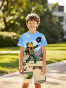 Boys' 3D Pixel Style Short Sleeve Outfit Set, Minecraft Desert Warrior Print, Summer for Parties, Holiday Gifts, Birthday Presents