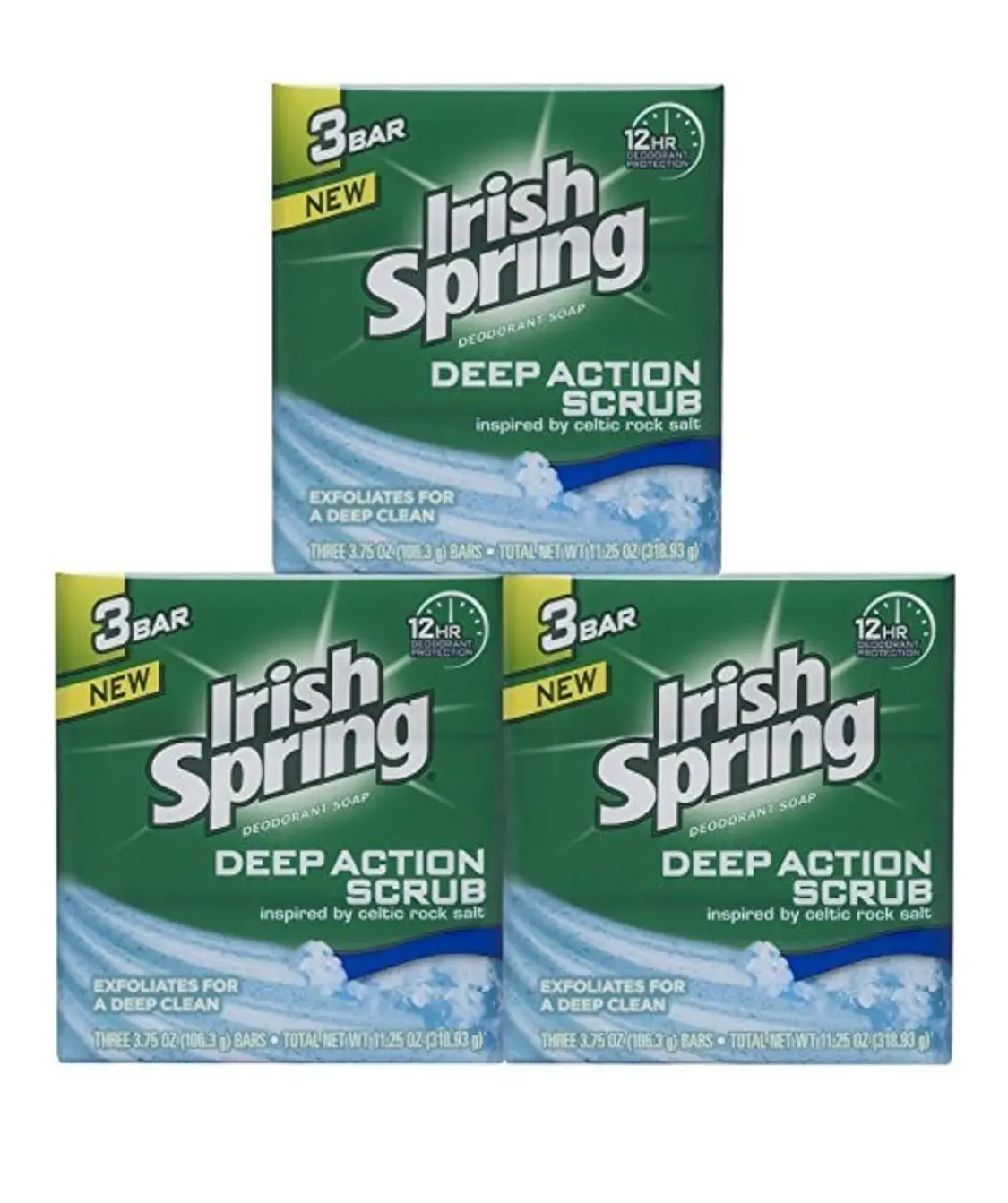54 Irish Spring Deep Action Scrub Deodorant Soap 3.3g - 3 Single Bars Inspired by Celtic Rock Salt for Daily Cleansing & Skin Repair - Body Care