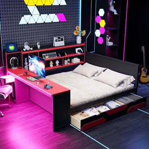 Queen Size Platform Bed with Storage, Integrated Desk and Lights, Modern Wooden Gaming Daybed Frame with 3 Storage Drawers and Built-in Charging Station, Multi-Functional Headboard Bookcase, Black+Red