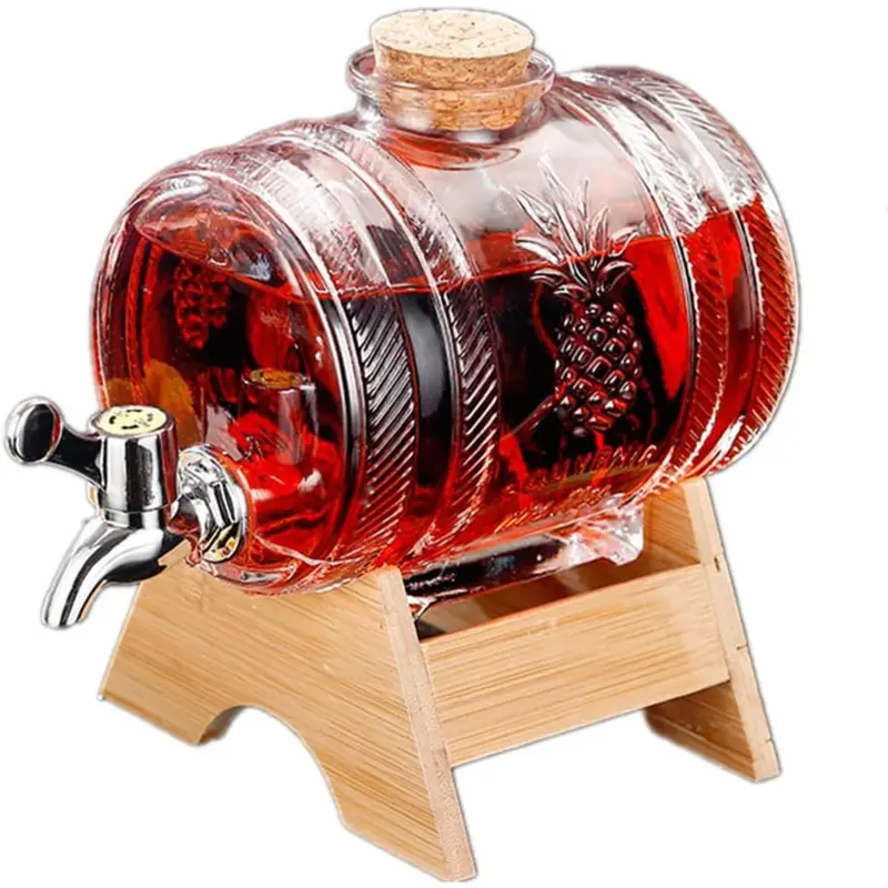ONESHOW 1L Durable Barrel-Style Display Glass Drink Dispenser Jug - Stainless Steel Airtight Cork, Spigot, Stand, Wooden Base, ABS Parts - Kitchen/Bar Serving Drinkware for Alcohol Storage