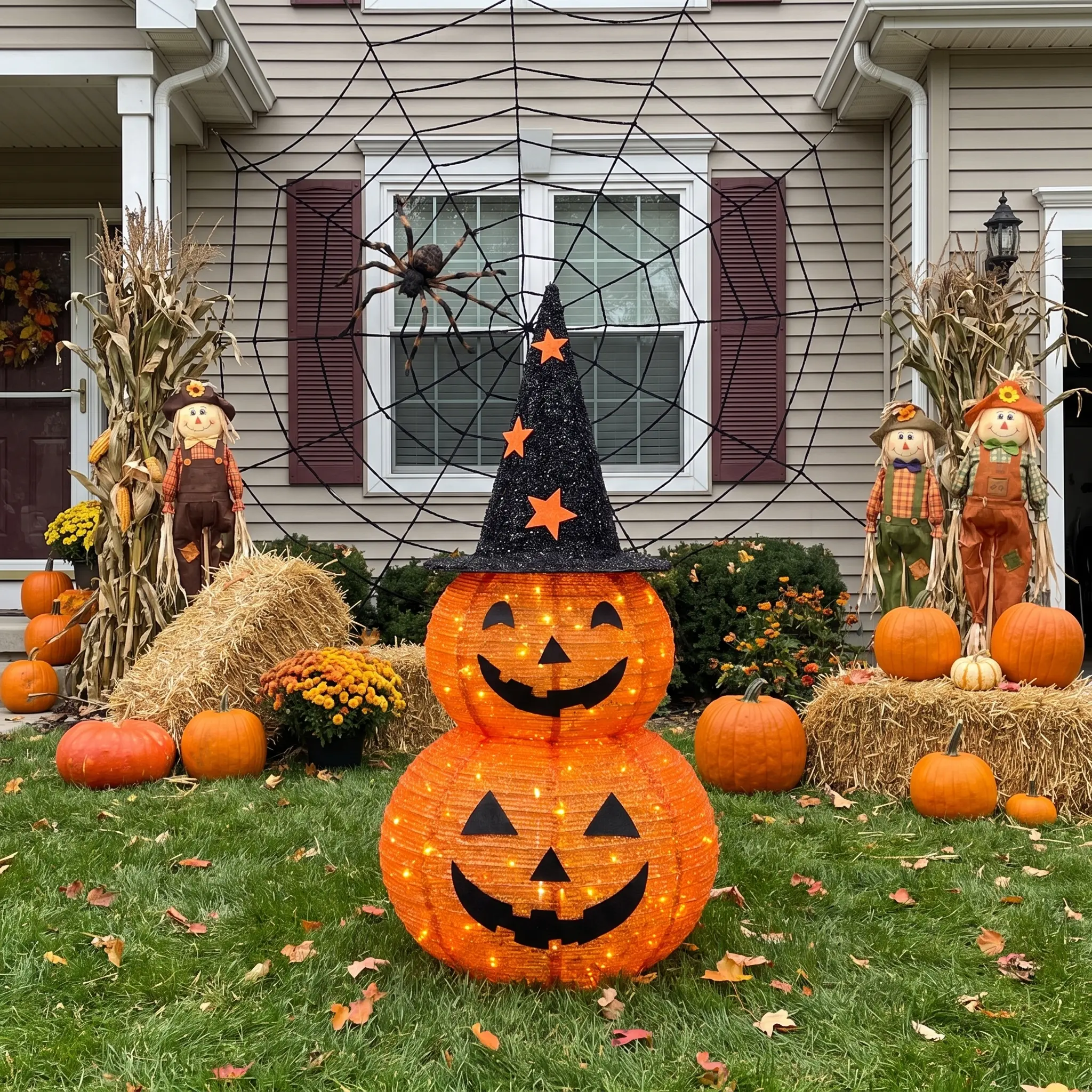 Raysea 3FT Giant Light-Up Halloween Pumpkin Decoration with Witch Hat, Pop-Up Collapsible LED Jack O' Lantern, Outdoor Decor for Porch Garden, Halloween Gift Idea