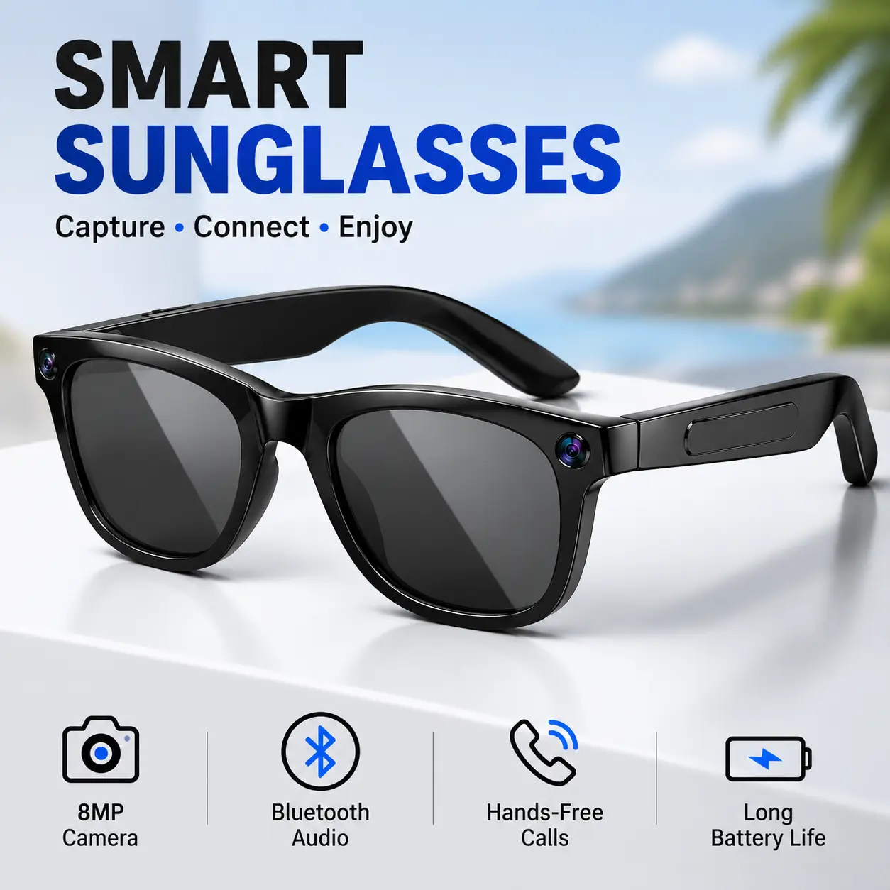 AI Smart Glasses with 8MP Camera, 2K Video Recording & Photo Capture, Bluetooth Audio, Voice Recording, Hands-Free Calls & Music, Smart Eyewear for Travel, Outdoor, Hiking, Cycling, Vlogging, Daily Use, Optional Camera & Photochromic Lens Version