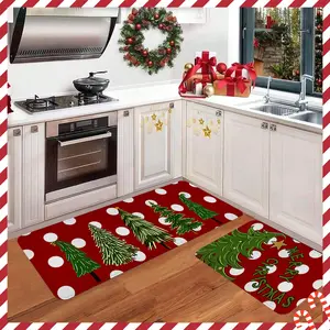 2/3pcs Christmas kitchen carpet floor mat, flannel retro multi form green Christmas tree Christmas happy pattern anti slip kitchen floor mat, suitable for kitchen, entrance door, laundry room, bathroom, living room, room Christmas decoration floor mat