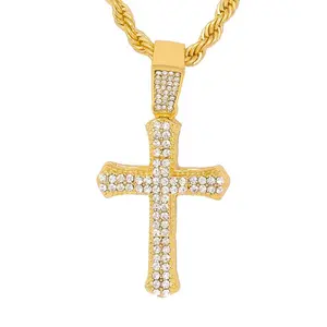 Iced Medium Cross Pendant with 4mm Rope Chain 24"