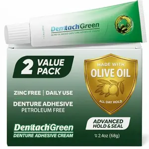 Denttach Green Denture Adhesive, Petroleum Free Olive Oil Based Denture Cream for Full and Partial Dentures, All Day Secure Hold Premium Denture Glue, Zinc Free, 2.4 Ounce(2 PACK)