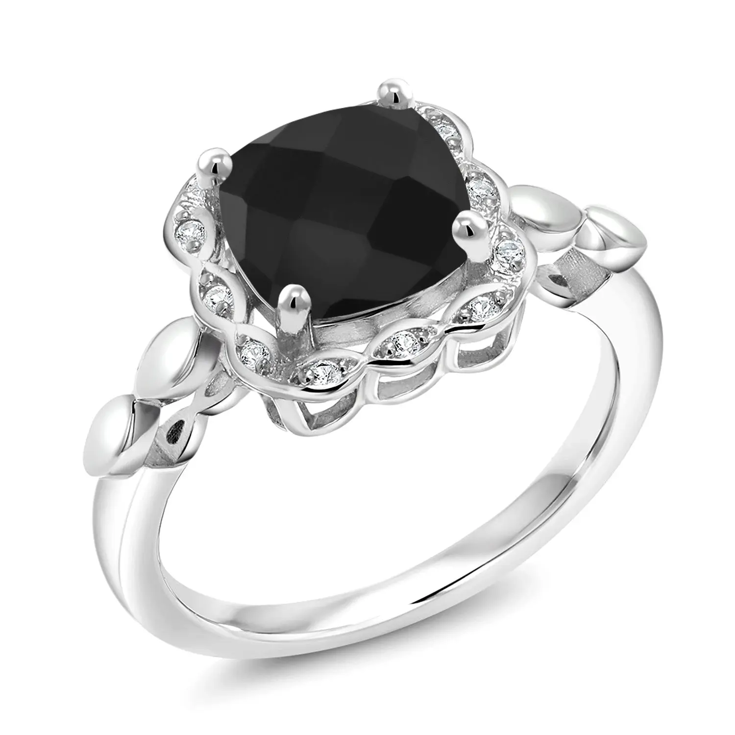 925 Sterling Silver Onyx and Created Sapphire Halo Engagement Ring for Women | 2.21 Cttw | Cushion Checkerboard 8MM | Gemstone Birthstone | Wedding Anniversary Promise Ring