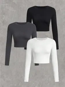 Women's Solid Round Neck Crop Tee, Casual Long Sleeve Crew Neck T-shirt for Daily Wear, Ladies Clothes for All Seasons, Top