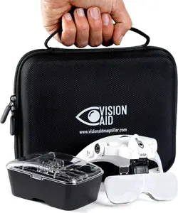 2024Vision Aid Magnifying Glasses with LED Light, 5 Lenses, Headband, Storage Case | Hands Free Lighted Head Mount Magnifier for Hobby Crafts