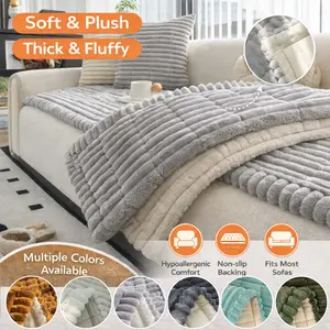 Thick Plush Reversible Couch Cover Non Slip Sofa Cover Single Piece Sofa Pad Soft Fluffy Sofa Throw for Sectional Loveseat Recliner, Washable Pet Friendly Furniture Protector