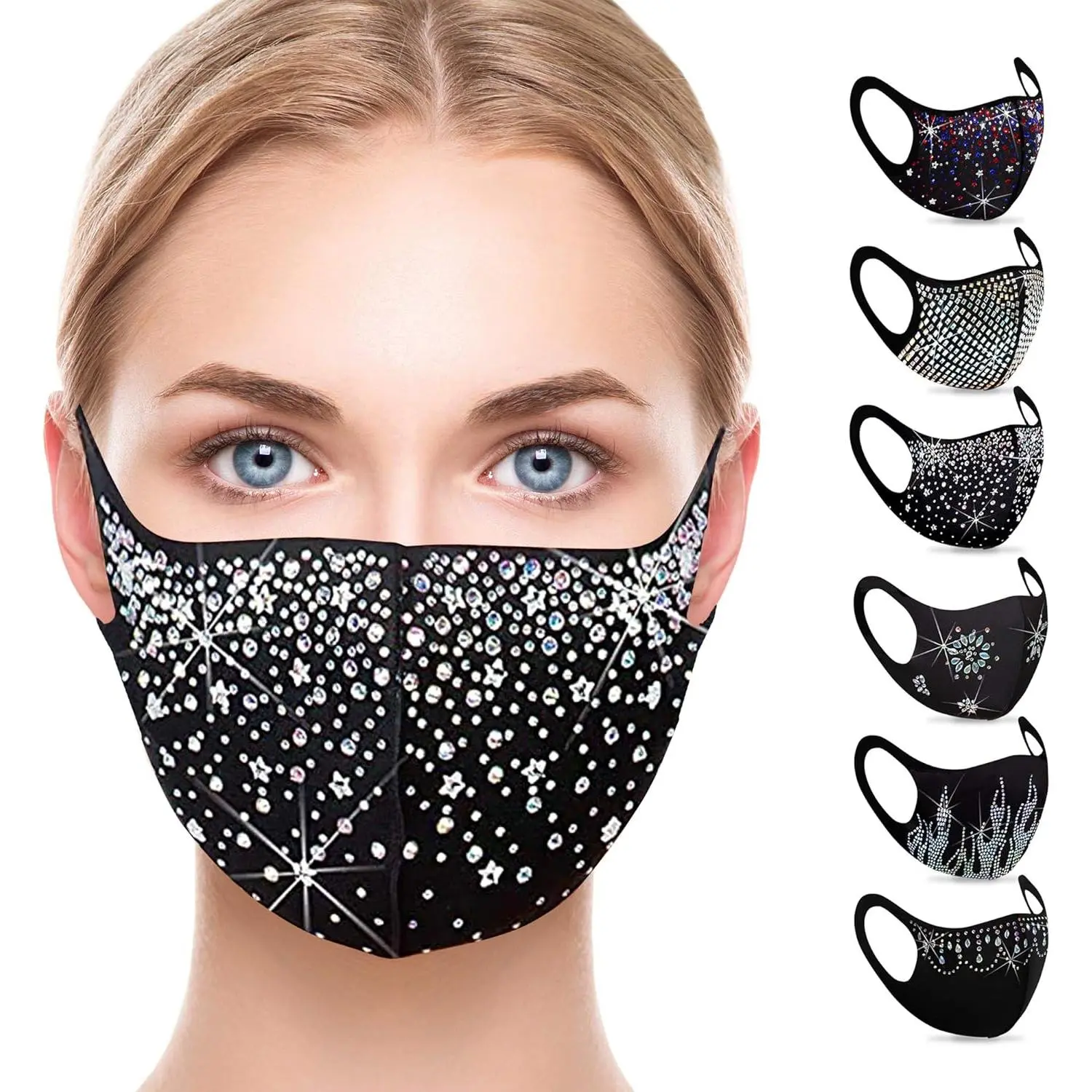 6 Pack Bling Masquerade Masks for Women, Sequin & Crystal Rhinestones Half-Face Design for Musical Festival & Prom | Washable Reuse, Adjustable, Gift for Girlfriend, Party