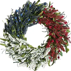 Idyllic 20 Inch Red White and Blue Patriotic Wreath with Wheat, Forsythia & Ribbon| Multi-Textured 4th of July Memorial Day Front Door Decor