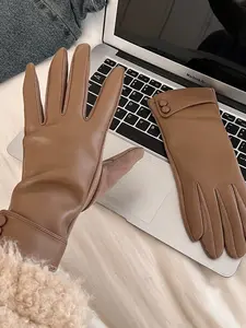 Fashion New Leather Gloves Winter Women Fleece Lined Thick Warm Windproof Outdoor Cycling Driving Five-Finger Touchscreen