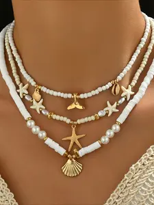 3pcs/set Bohemian Scallop Starfish Fish Tail Imitation Pearl Soft Clay Rice Bead Stacked Necklace Pearl Necklaces Suitable for Women's Daily Matching in Autumn and Winter
