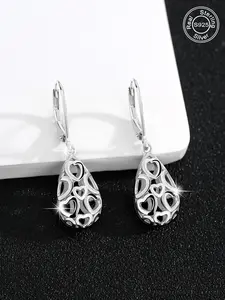 Elegant S925 Silver Heart Earrings, Hollow Out Design, Water Drop Shape, Vintage Style, Perfect for Festive Celebrations