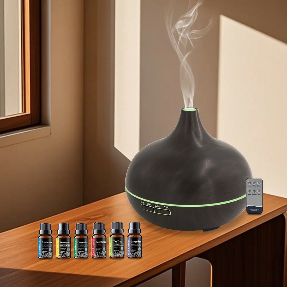 550ml Aromatherapy Diffuser with 6 Essential Oils Wood Grain Ultrasonic Humidifier, Remote Control & 7 Color LED Light Ideal for Christmas, Birthday
