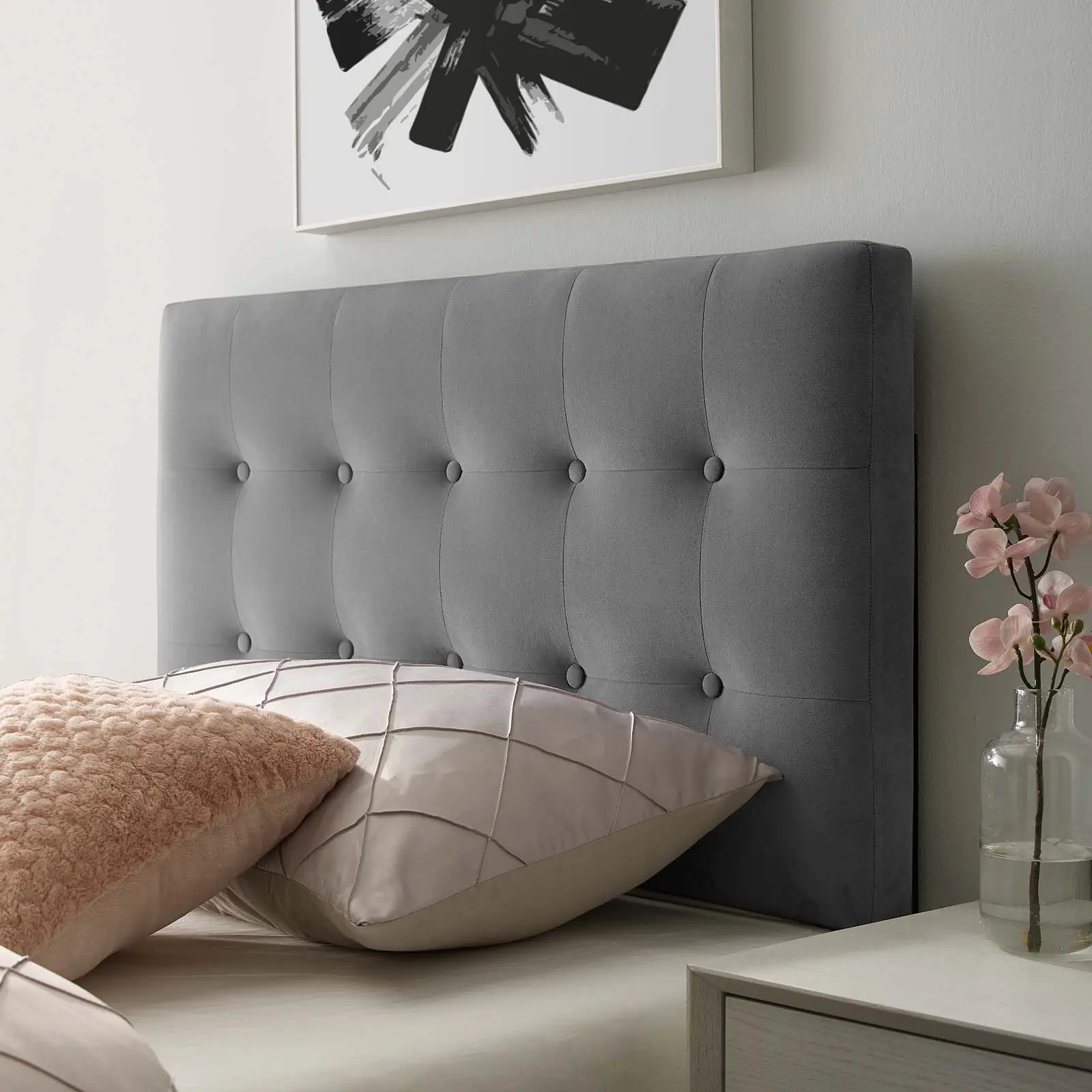 Modway Emily Twin-Size Elegant Modern Biscuit Tufted Performance Velvet Headboard with Foam Padding, Gray