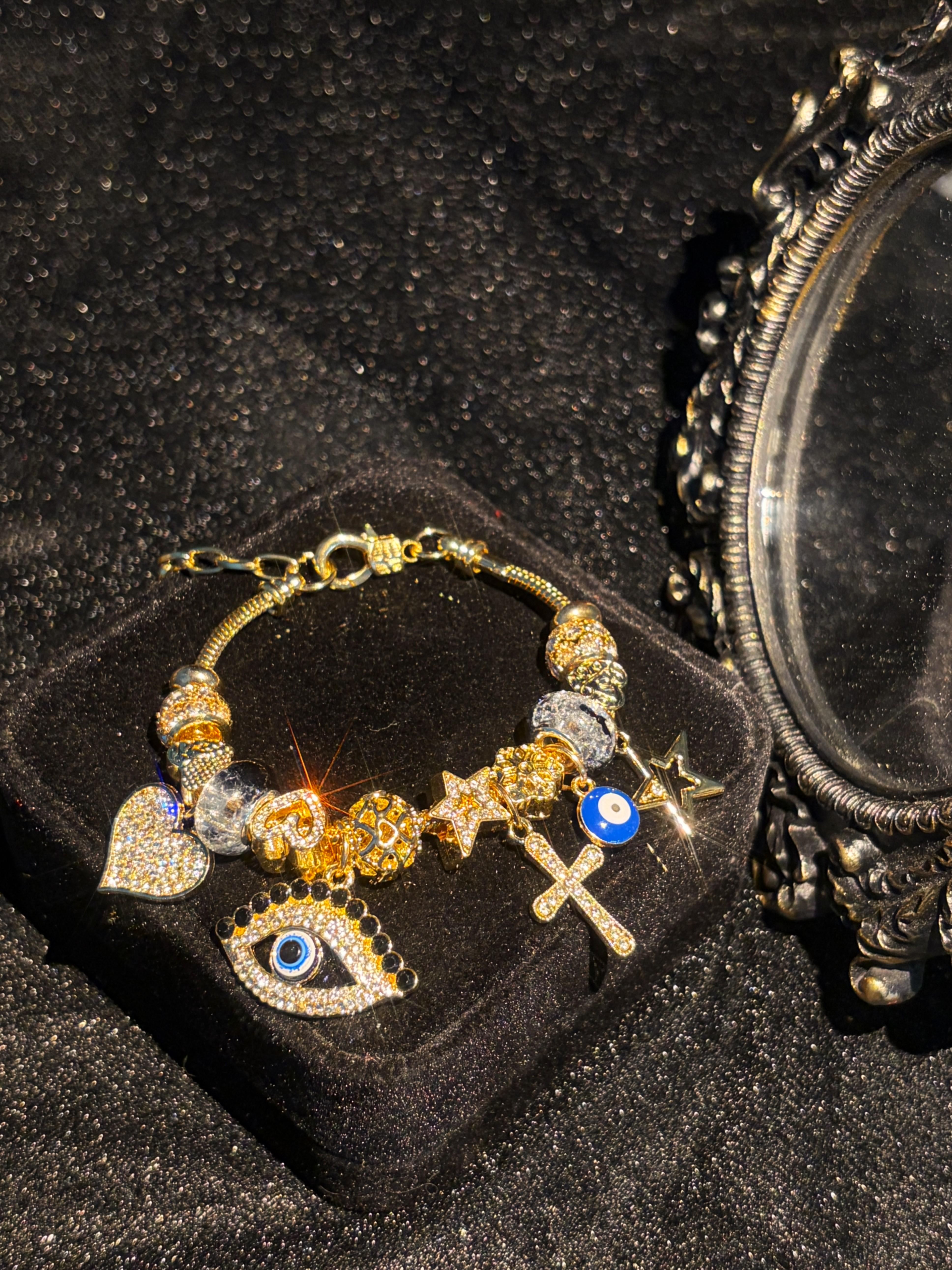 Women's Lucky Evil Eye Charm Bracelet - Gold-Tone Adjustable Extension Chain, Cubic Zirconia Cross Star Heart Charms, Stackable Layering Beaded, Boho Protection Jewelry, Ideal Birthday Holiday Gift for Teen Girls