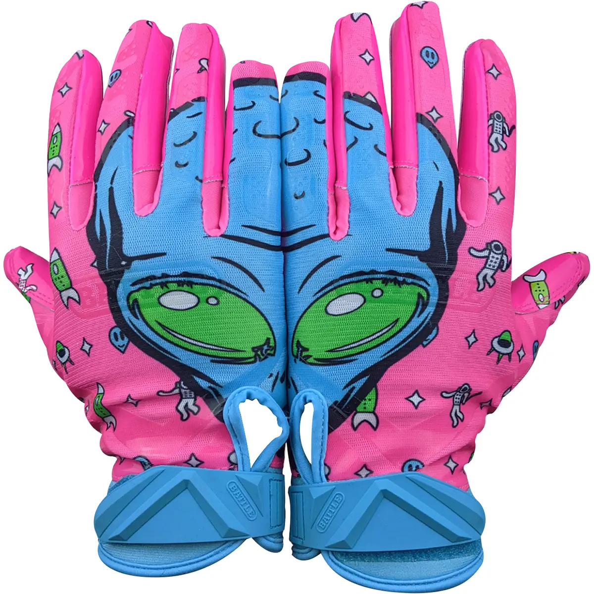 Battle Sports Adult Alien Cloaked Breathable American Football Receiver Gloves - Pink, Multi-Size (S, M, 2XL), Snug Fit, Adults, Perfectfit Breathable Material, Reinforced Stitching, Alien Themed Stuff, Wear Points, Wrist-Strap Closure