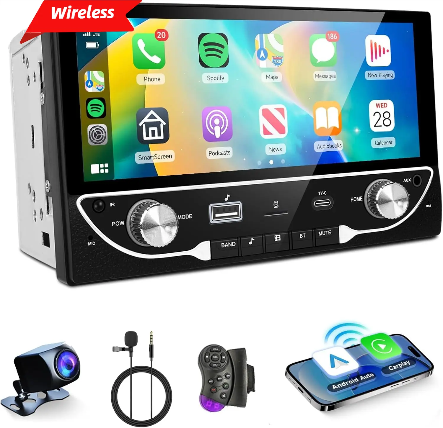 Upgraded Wireless Double Din Car Stereo - 6.86 inch Touchscreen, Android Auto, Bluetooth 5.1, AirPlay/Android Phone MirrorLink, Backlit, EQ Sound, FM Radio, USB-A/USB-C Fast Charging, Backup Camera, SWC, Car Audio (SummerVibes Father's Day Gift)