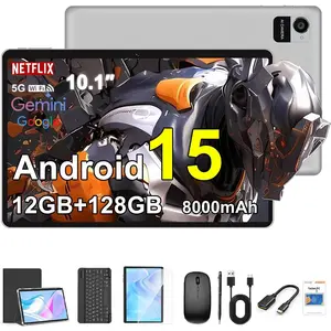 10.1 Inch Android 15 Tablet, 12GB+128GB Android Tablet, 8000mAh , 1280x800 Touchscreen, 5G WiFi/, Bundle with Case, Keyboard,  & Stylus (Gray)