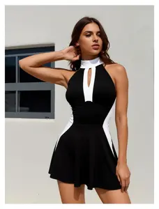 Swim Dress for Women Black White Color Block Halter Swimsuit Tummy Control Bathing Suit Vintage One Piece Swimwear with Shorts UPF 50+ Sun Protection