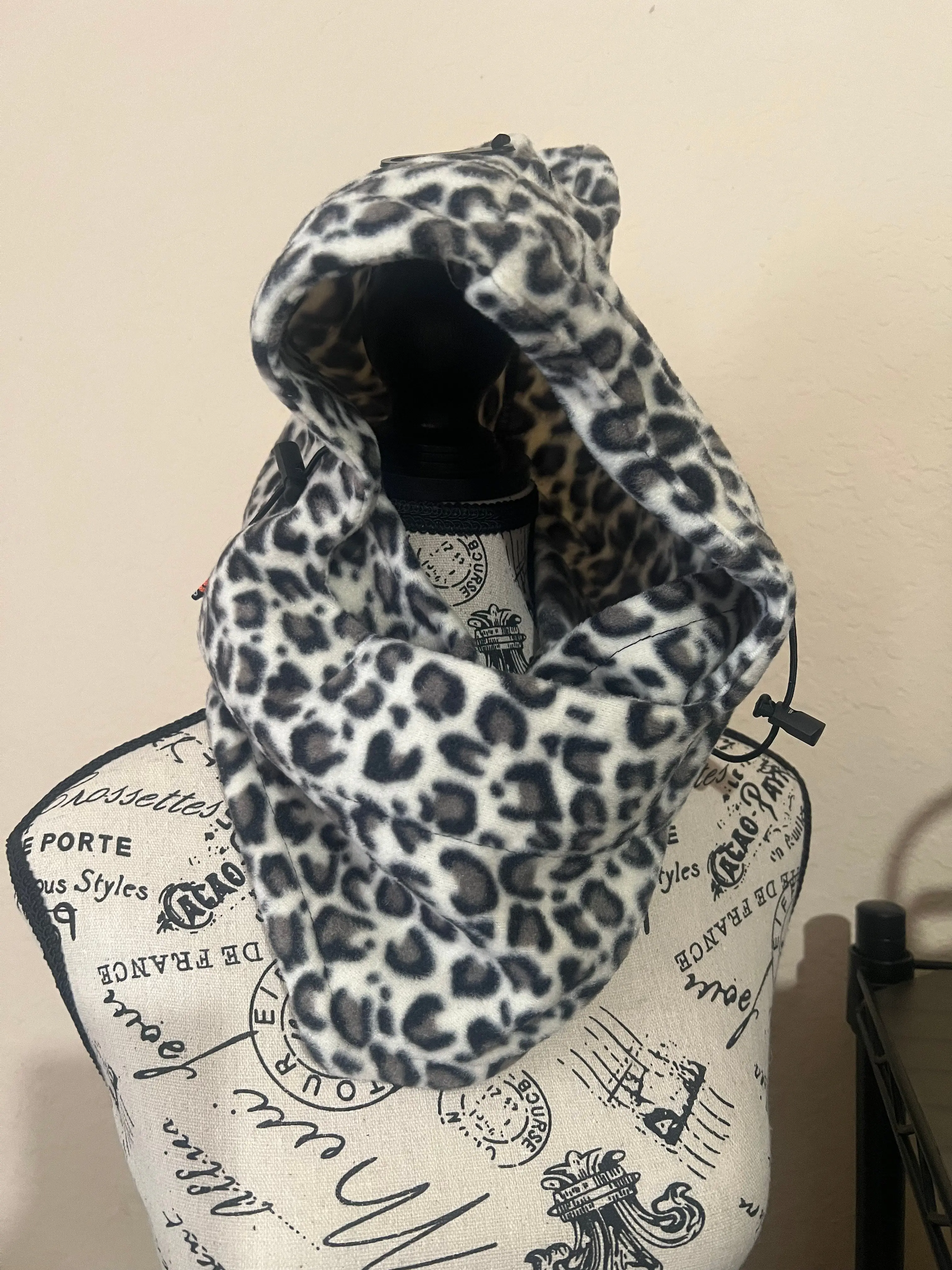 Unisex Leopard Print Hooded Neck Warmer, Chic Soft Fleece Winter Scarf with Adjustable Drawstring for Cold Weather Outdoor Adventures, Warmth, Roomy, Hood Height: Approx. 13", Adventure, Neck Circumference: Approx. 24", One Size Fits Most